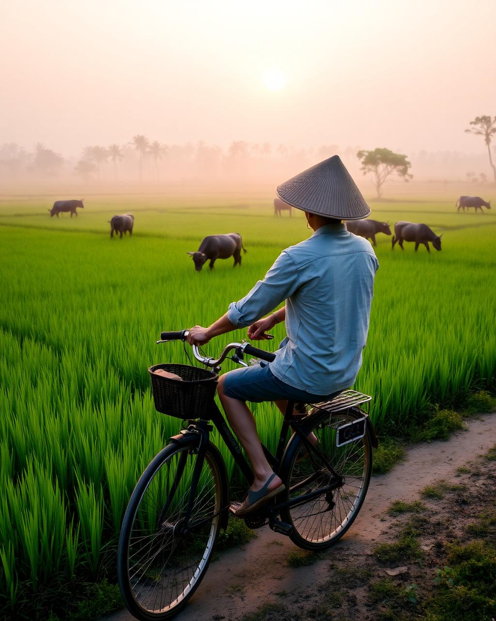 Đạp xe ngắm bình minh giữa đồng lúa